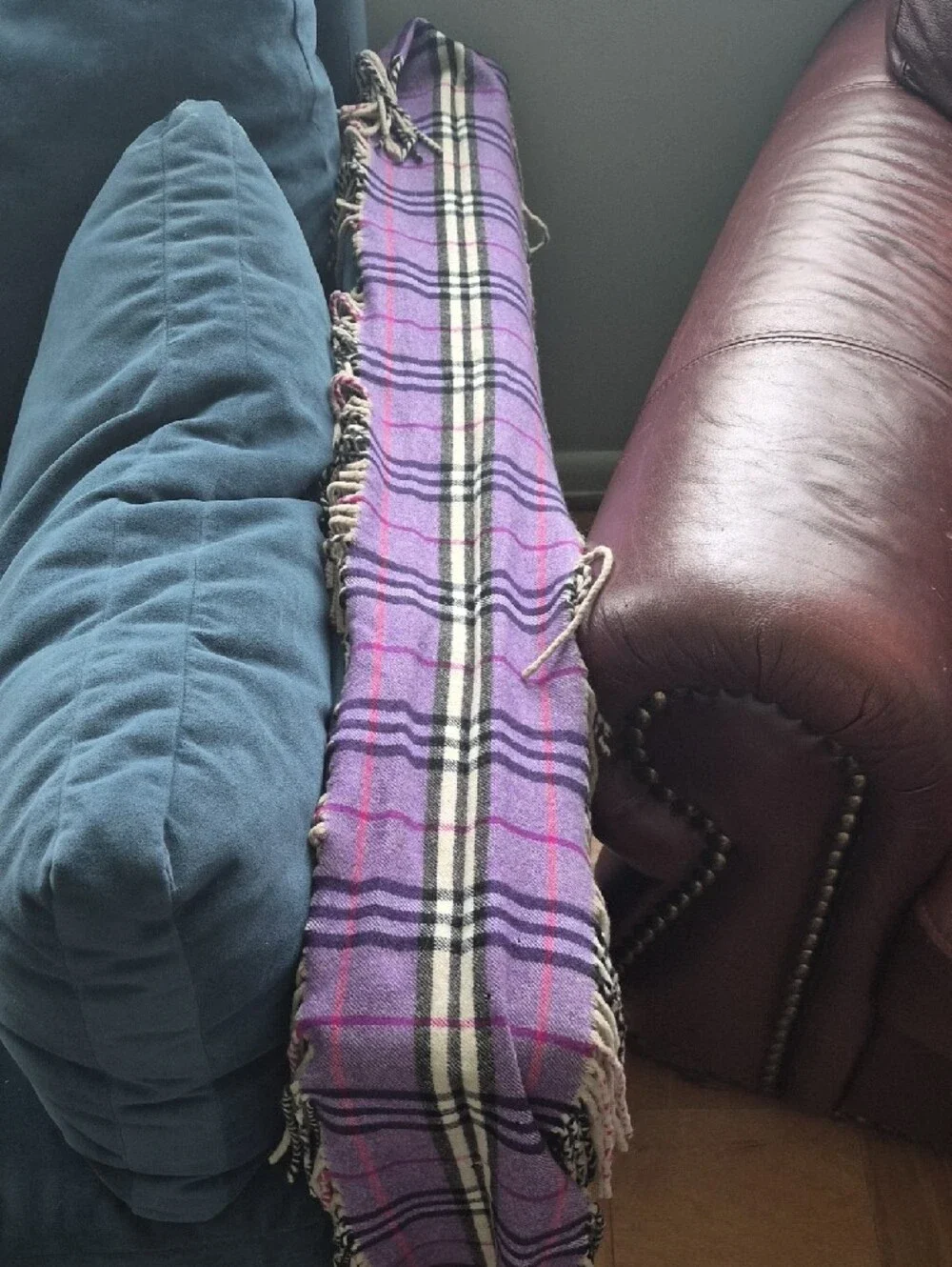 Vintage Burberry Purple Nova Check 100% Cashmere Scarf Made in England